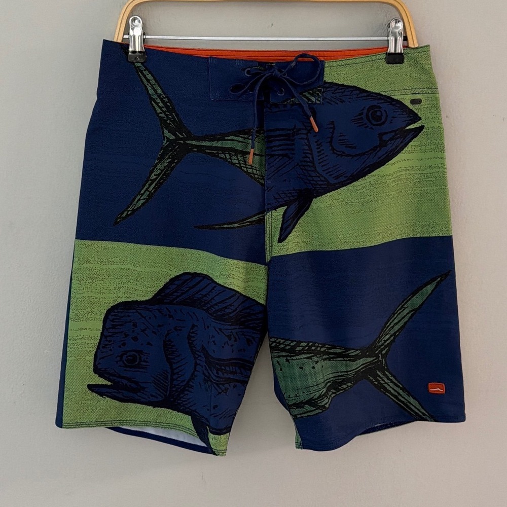 Cova Mens Fish Print Board Shorts Navy Blue Green Mahi Mahi Tuna Sz‎ 32